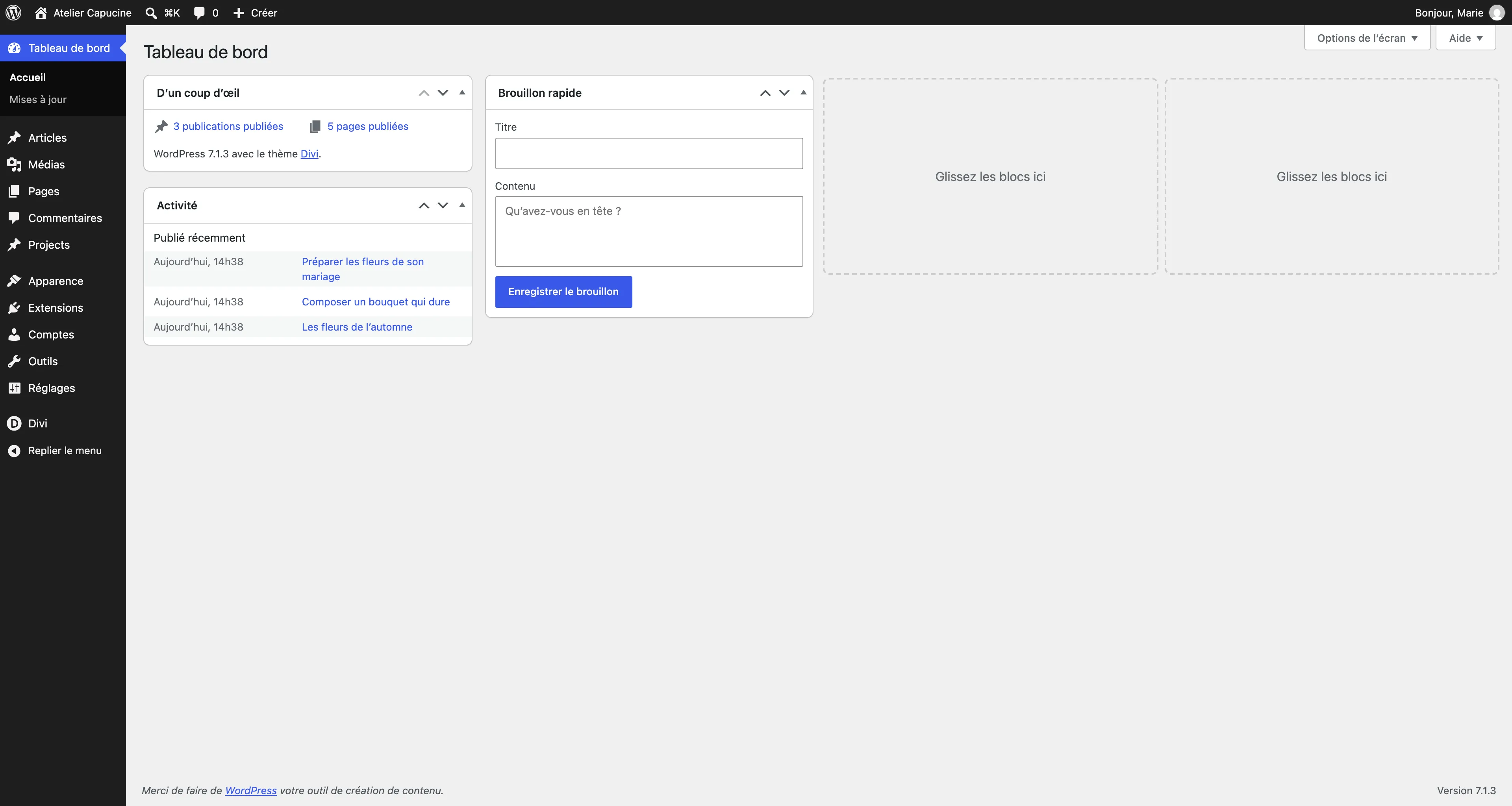 Capture de l'administration WordPress, leçon 2.2, étape 1 : Ouvrez la liste des pages. Le lien à cliquer est entouré en violet.